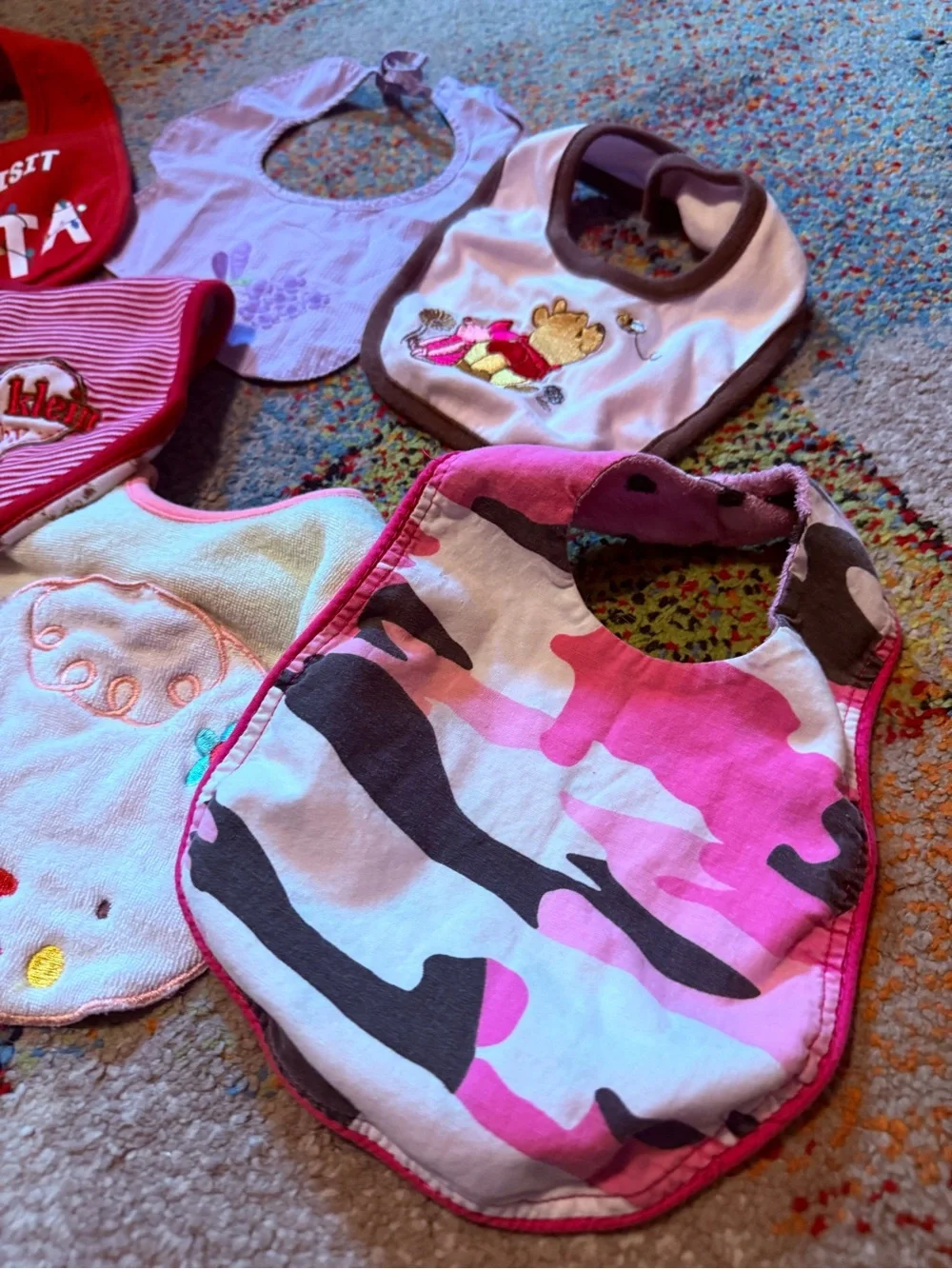 Large Lot of Baby Girl Bibs / Calvin Klein Pink Camouflage / Winnie the Pooh etc